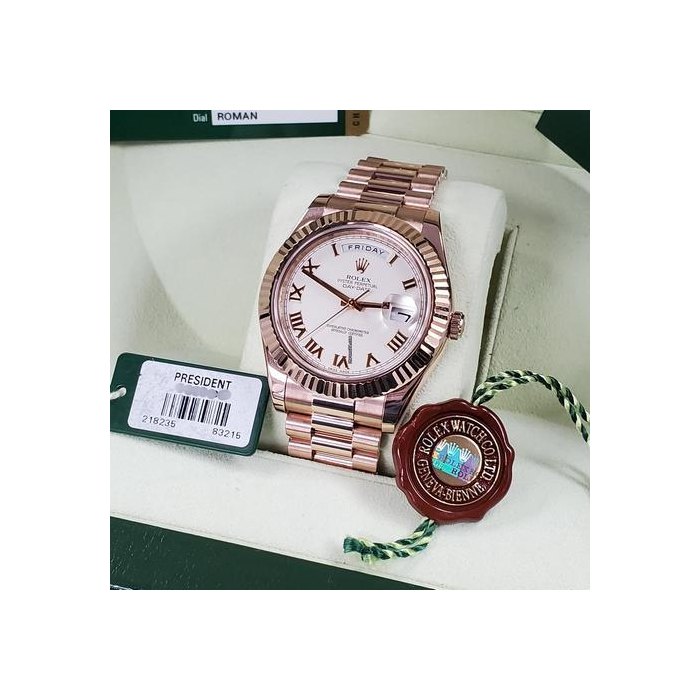 Rolex Day-DateBig Super Presidential 41mm 18k Rose Gold Ivory White Roman Dial Full Set Box Papers + 2016 RSC Serviced Unworn Minty Day-Date II 218235 Ref. 228235