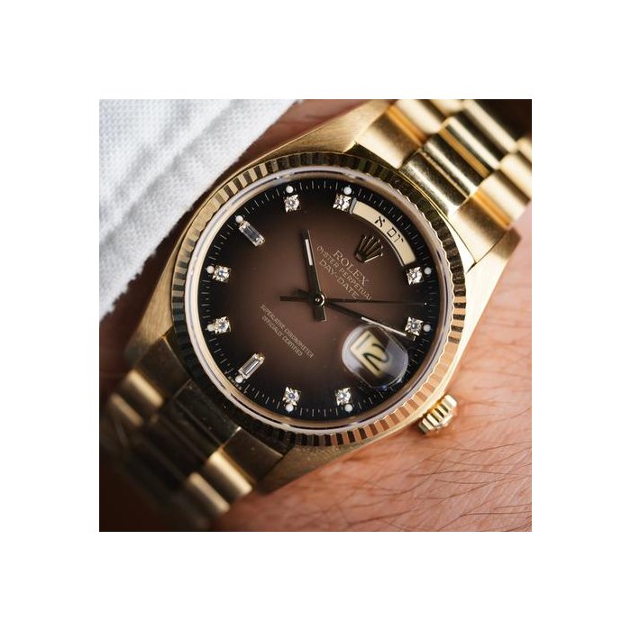 Rolex Day-DateHebrew Brown Vignette Day-Date Reference 18038 in 18K Yellow Gold w Papers & RSC Card