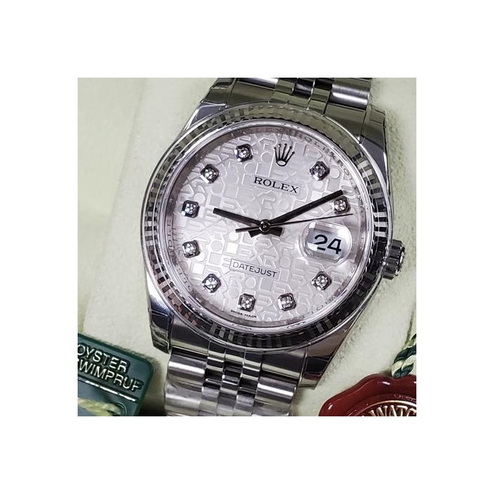Rolex Datejust36 Jubilee Band Anniversary Silver Motif Diamond Serti Dial 18k White Gold Fluted Bezel Brand New NOS w Stickers Full Set Tags Raceipt Ref. 116234