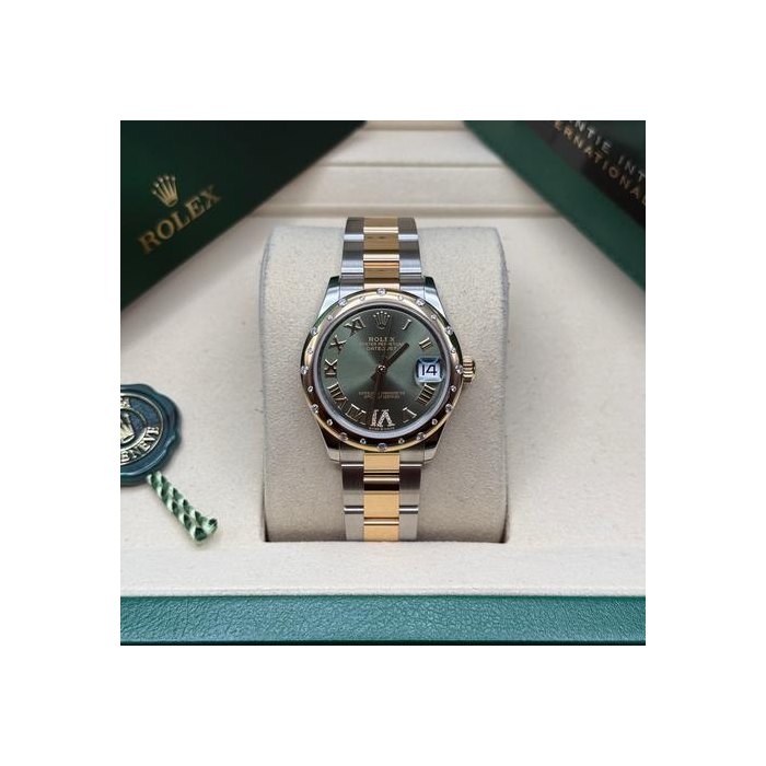Rolex Datejust31 NEW 2025 Green Roman Pave Scatter Diamond Bezel Two Tone Yellow Gold Oyster Ref. 278343RBR