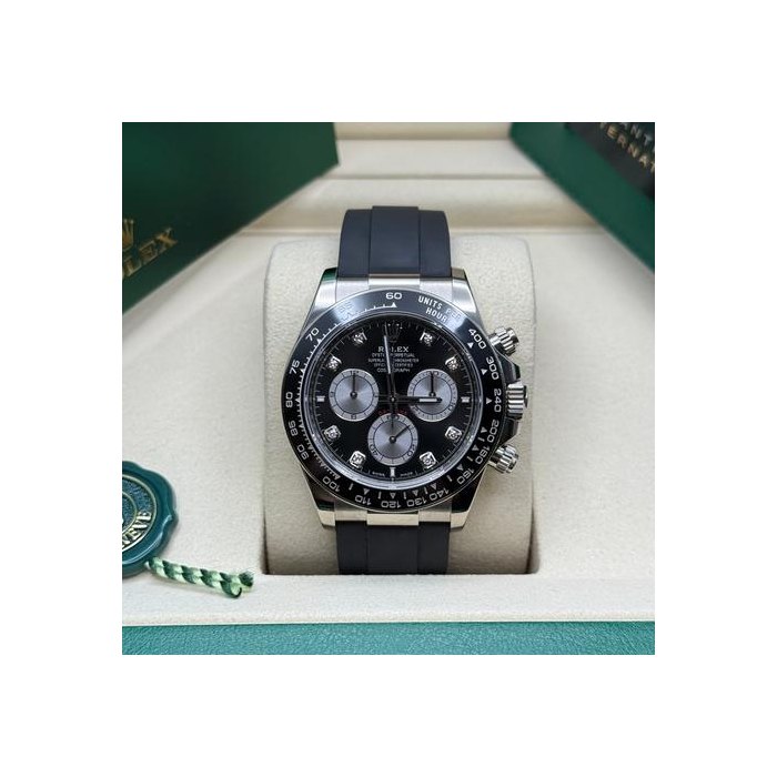 Rolex DaytonaDial Black NEW 2024 Silver Subdials Diamond Indices White Gold Oysterflex Strap Ref. 126519
