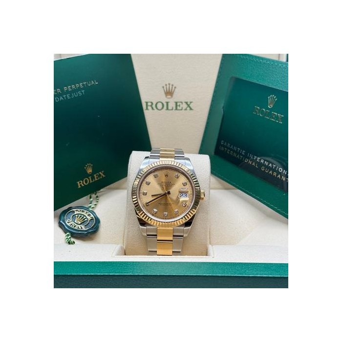 Rolex Datejust41 Champagne Diamond Dial Two Tone Yellow Gold Flute Bezel Oyster Bracelet Ref. 126333
