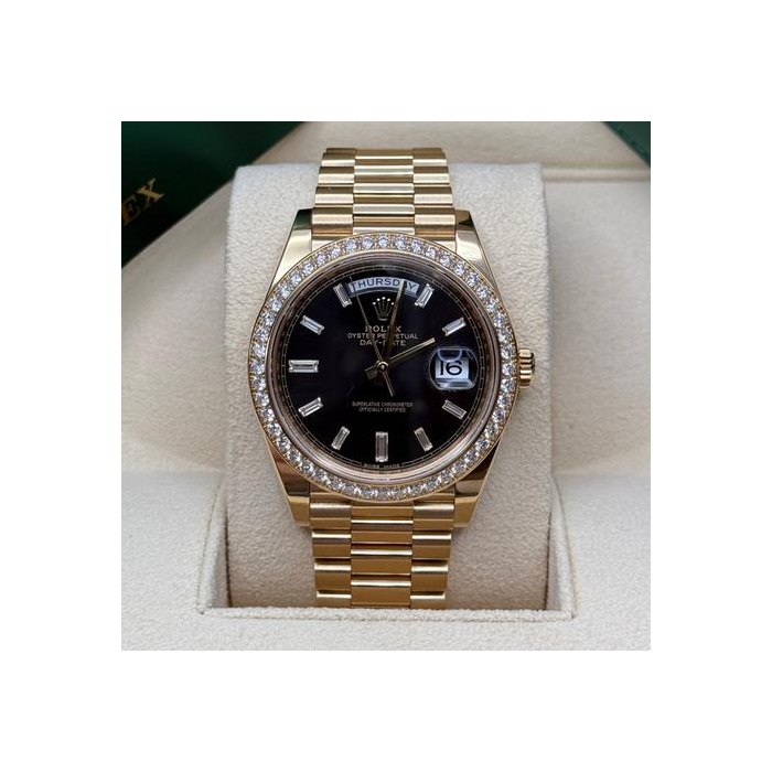 Rolex Day-Date40 Black Baguette Diamond Day Date Diamond Bezel Presidents Bracelet Ref. 228348