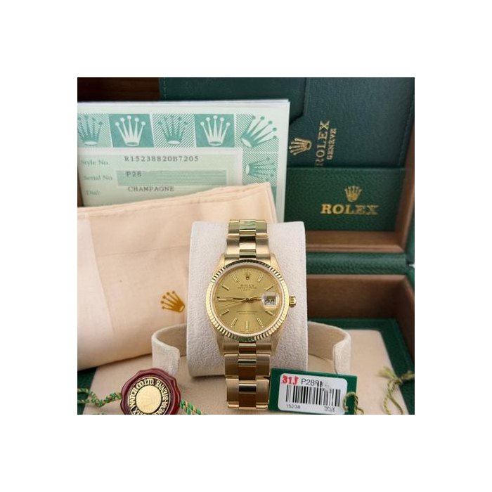 Rolex Oyster PerpetualDate 15238 34mm Champagne Dial 18k Yellow Gold Oyster Box Paper 2002