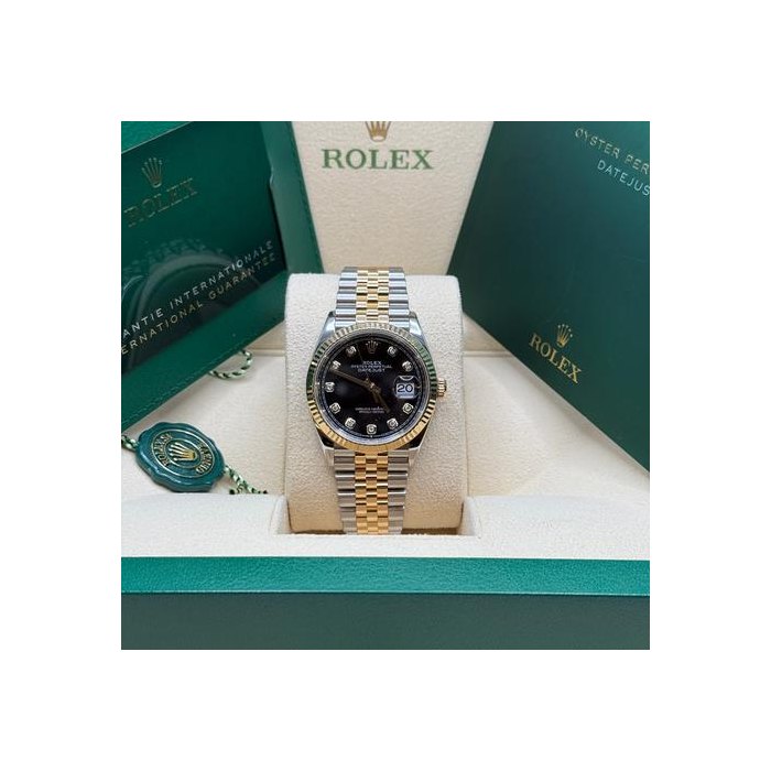 Rolex Datejust36 Black Diamond Dial Two Tone Yellow Gold Jubilee Bracelet Fluted Bezel Ref. 126233