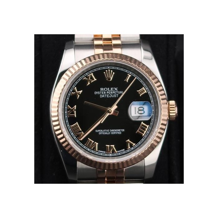Rolex Datejust36mm Two Tone Rose ROLEX 116231 BLACK ROMAN DIAL ON JUBILEE ROSE GOLD