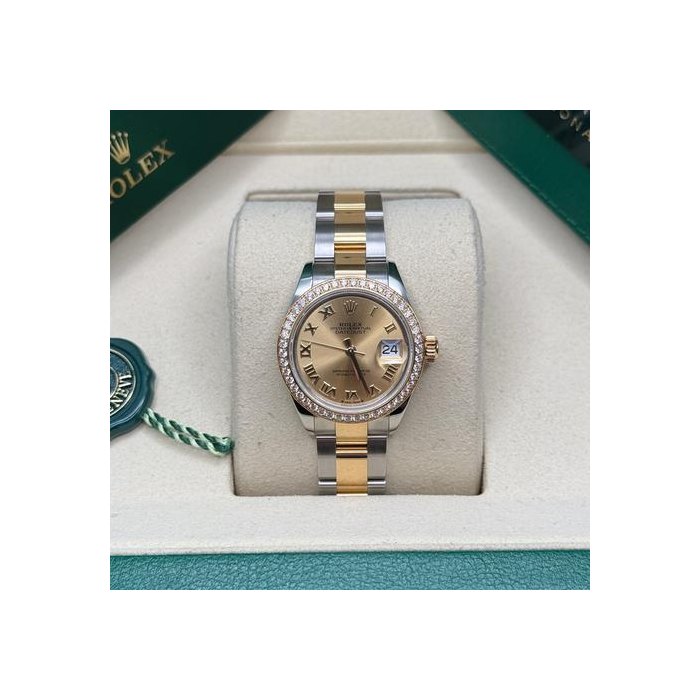 Rolex Lady-DatejustChampagne Roman Dial Diamond Bezel Two Tone Yellow Gold Oyster Ref. 279383RBR
