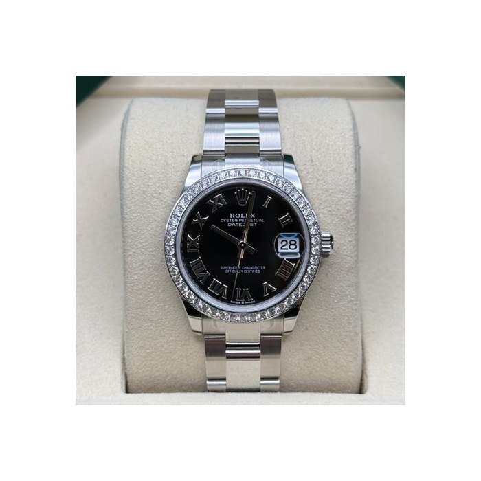 Rolex Datejust31 NEW 2026 Black Roman Dial Stainless Steel Diamond Bezel Oyster Bracelet Ref. 278384RBR