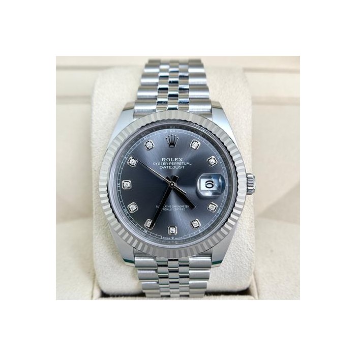 Rolex DatejustSteel 41 Rhodium Grey Diamond Dial Fluted Bezel Jubilee Bracelet Steel 2022 Full Set Box Outer Box Papers. Ref. 126334