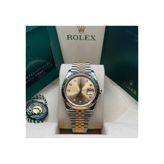 Rolex Datejust41 Two Tone Yellow Gold Champagne Diamond Dial Fluted Jubilee Bracelet Ref. 126333