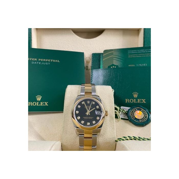 Rolex DatejustLike NEW 2021 Datejust 31 2-Tone Oyster Black Diamond Dial 178243 FULL SET Steel & Yellow Gold