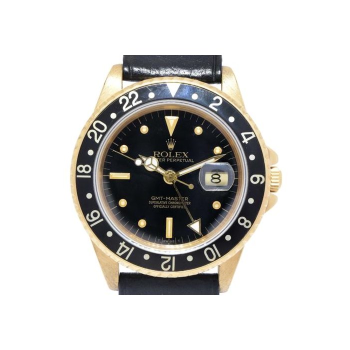 Rolex GMT-Master18k Yellow Gold Black Nipple Dial 40mm Watch on Strap ’84 16758