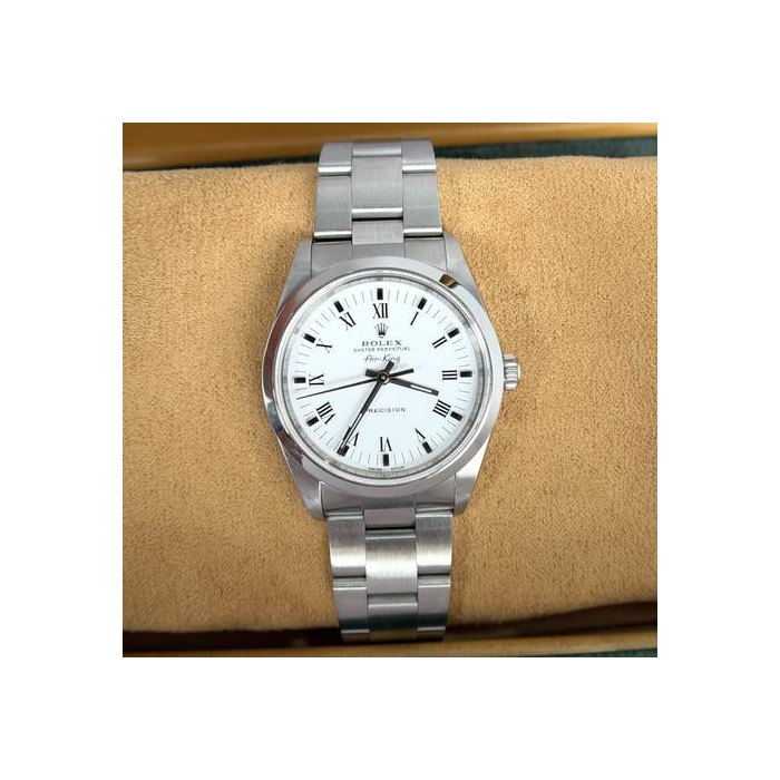 Rolex Air King34 Stainless Steel White Buckley Dial Roman Numerals Oyster Bracelet FULL SET BOX PAPERS YEAR 2001 Ref. 14000M
