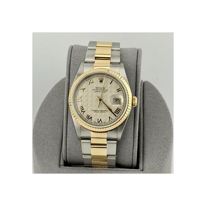 Rolex Datejust2002 Rolex Datejust 16233 36mm Roman Ivory Pyramid Dial 18k Yellow Gold Steel