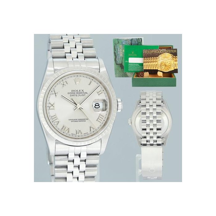 Rolex DatejustMINT 2004 Rolex DateJust 36mm Silver Roman Dial Jubilee 16220 Steel Watch Box