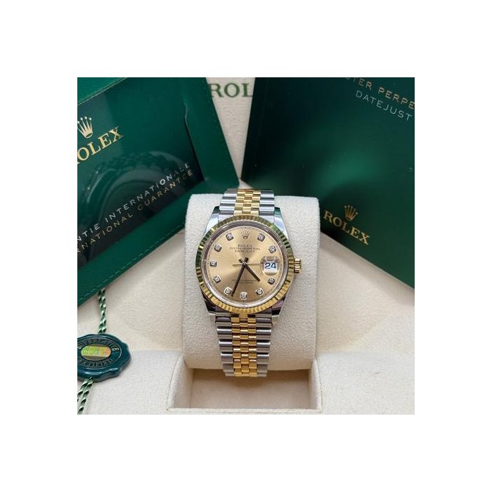 Rolex Datejust36 Champagne Diamond Dial Two Tone Yellow Gold Fluted Bezel Jubilee Bracelet Ref. 126233