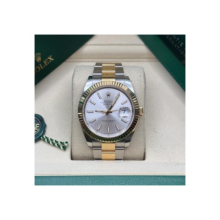 Rolex Datejust41 Silver Index Dial Two Tone Yellow Gold Fluted Bezel Oyster Bracelet Ref. 126333
