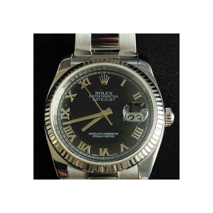 Rolex Datejust36 Black Roman Dial | 18k White Gold Fluted Bezel Ref. 116234