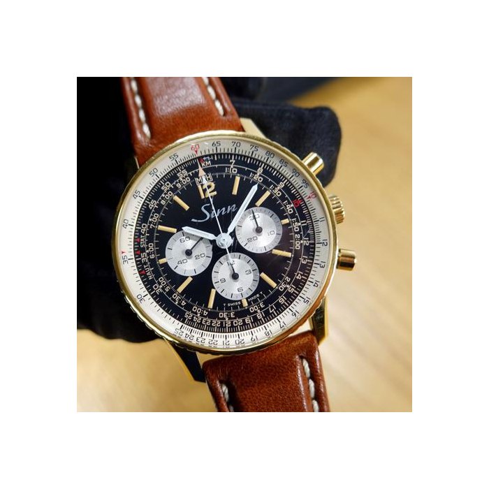 Sinn 90341 mm 903 PL HD Navigationsuhr Navitimer gold plated LEMANIA 1873 Tritium BAND NEU
