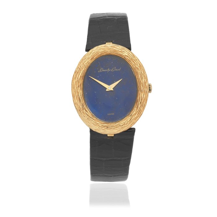 Bueche Girod. An 18K gold manual wind oval wristwatch with lapis lazuli dial London Hallmark for 1971