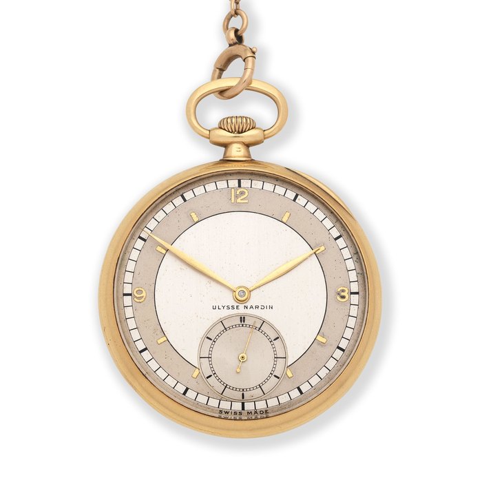 Ulysse Nardin. An 18K gold keyless wind open face pocket watch Glasgow Import mark for 1938