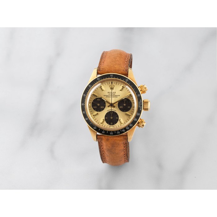 Rolex. Beau et rare chronographe bracelet en or jaune 18K (750) mouvement mécanique Rolex. A fine and rare 18K gold manual wind chronograph wristwatch Oyster Cosmograph Daytona, Ref: 6263, Circa 1982