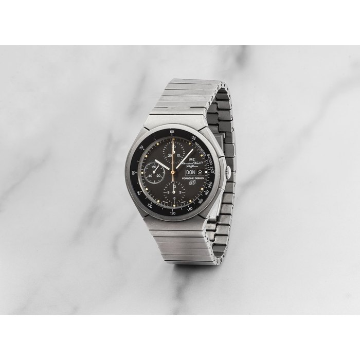 IWC. Chronographe bracelet en titane avec jour et date mouvement automatique IWC. A titanium automatic calendar chronograph bracelet watch Porsche Design, Ref: IW3702, Purchased 15th August 1986