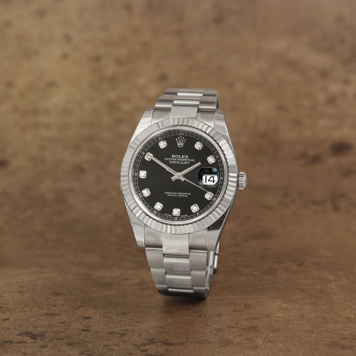 Rolex. A stainless steel and 18K white gold automatic calendar bracelet watch with diamond set dial Datejust 41, Ref: 126334, Purchased 20th April 2019