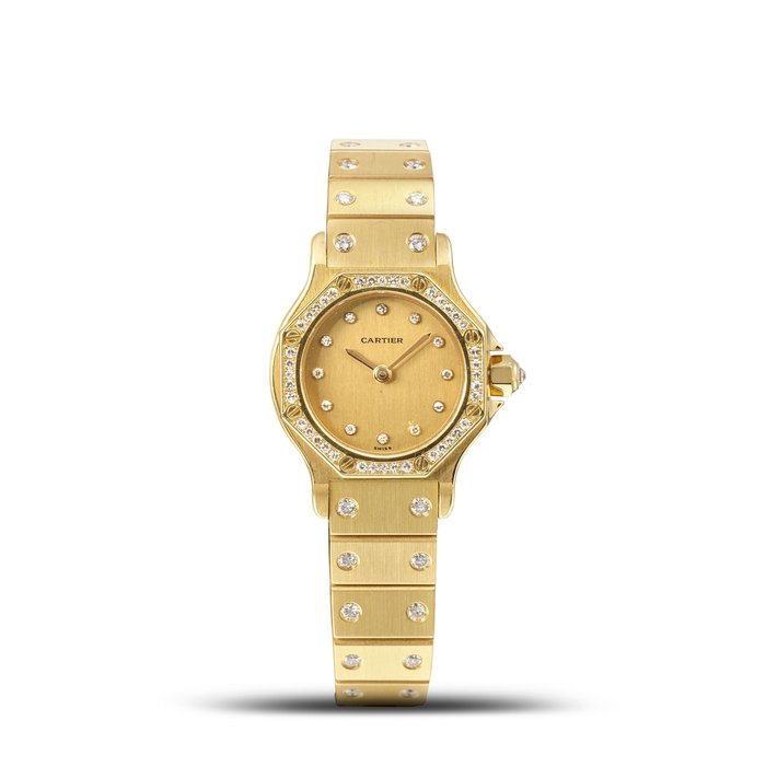 CARTIER | SANTOS RONDE, A YELLOW GOLD AND DIAMOND-SET BRACELET WATCH WITH DIAMOND-SET INDEXES, CIRCA 1985