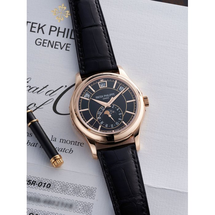 PATEK PHILIPPE | COMPLICATIONS, REF.5205R-010, A PINK GOLD ANNUAL CALENDAR WRISTWATCH WITH MOON PHASES AND 24-HOUR DISPLAY, CIRCA 2014