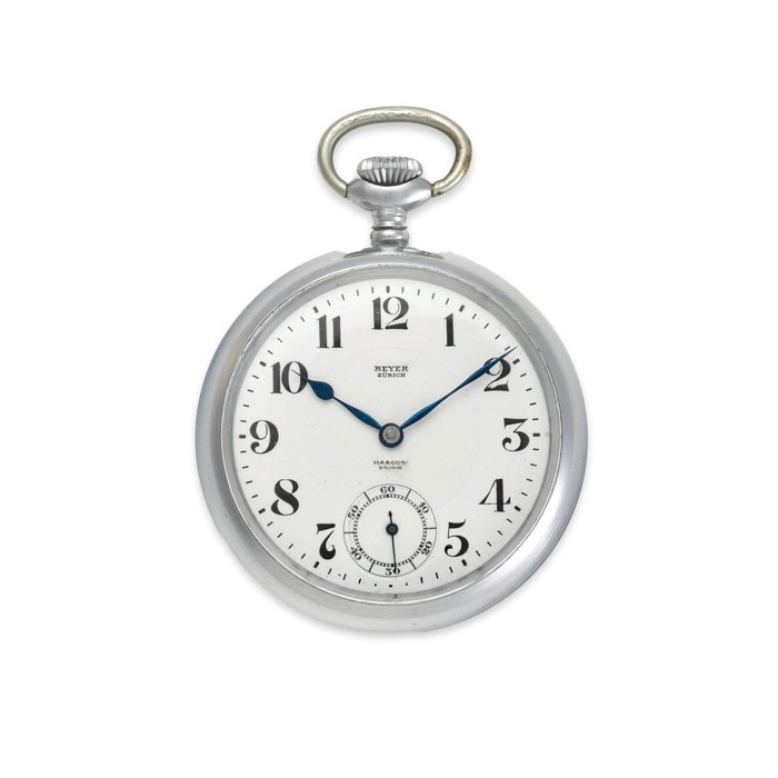 ROLEX. A FINE AND RARE STAINLESS STEEL OPEN FACE POCKET WATCHRetailed by Beyer, Zürich Marconi Prima, 1940's
