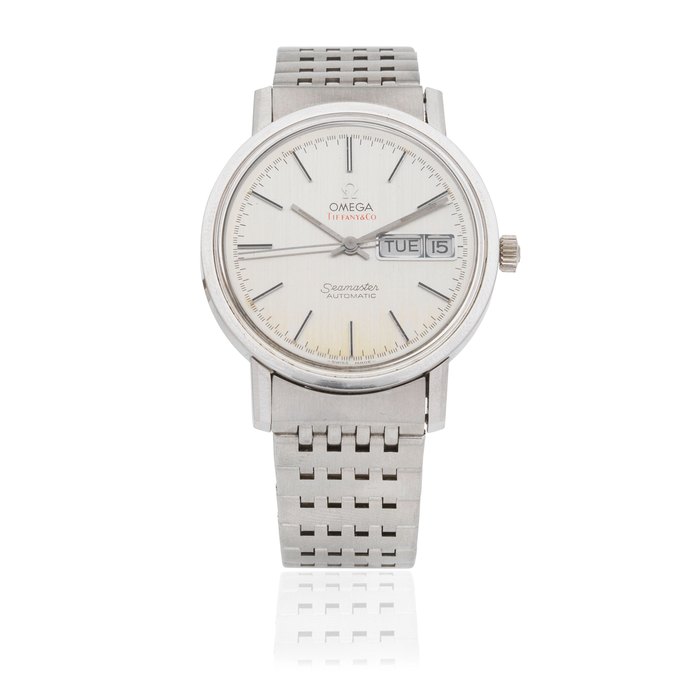 Tiffany & Co Omega. A stainless steel automatic calendar bracelet watch Seamaster, Retailed by Tiffany & Co., Ref: 166.0209, Circa 1975
