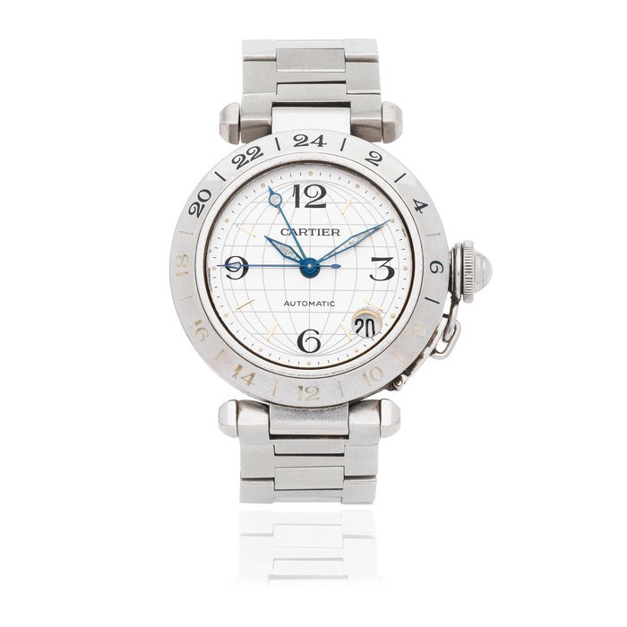 Cartier Cartier. A stainless steel automatic calendar bracelet watch with dual time zone Pasha, Ref: 2377, Circa 1990