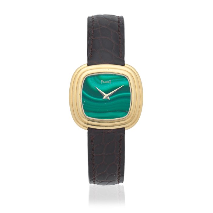 Piaget. An 18K gold quartz cushion form wristwatch with malachite dial Emperador, Ref: 75101, Circa 1970