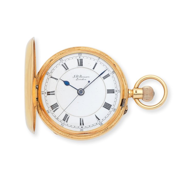 J.W Benson, London. An 18K gold keyless wind full hunter pocket watch London Hallmark for 1905