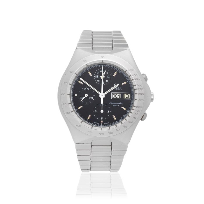 Omega Omega. A stainless steel automatic calendar chronograph bracelet watch Speedmaster Mark V, Ref: ST 376.0806, Circa 1984, Price & Market Data