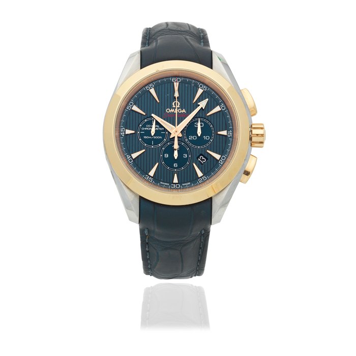 Omega. A stainless steel and rose gold automatic calendar chronograph wristwatch with co-axial escapement Seamaster Aqua Terra Olympic, Ref: 522.23.44.50.03.001, Purchased 8th June 2012