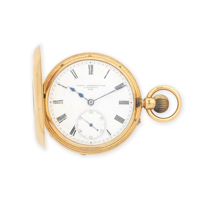 James Dwerryhouse, Liverpool. An 18K gold keyless wind half hunter pocket watch Birmingham Hallmark for 1905