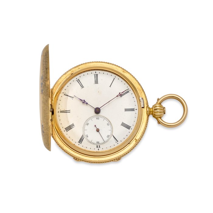 BREITLING-LAEDERICH, LA CHAUX DE FONDS. A GOOD ENAMELED 18K GOLD HUNTER CASED LEVER FOB WATCHMid 19th century