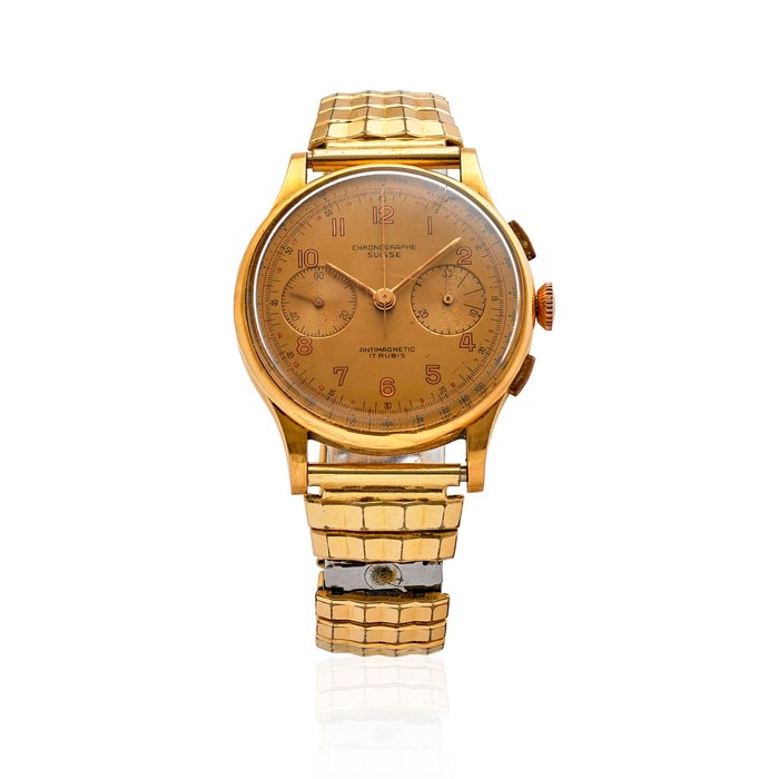 CHRONOGRAPHE SUISSE. AN 18K GOLD MANUAL WIND CHRONOGRAPH WRISTWATCH Antimagnetic, c.1940s