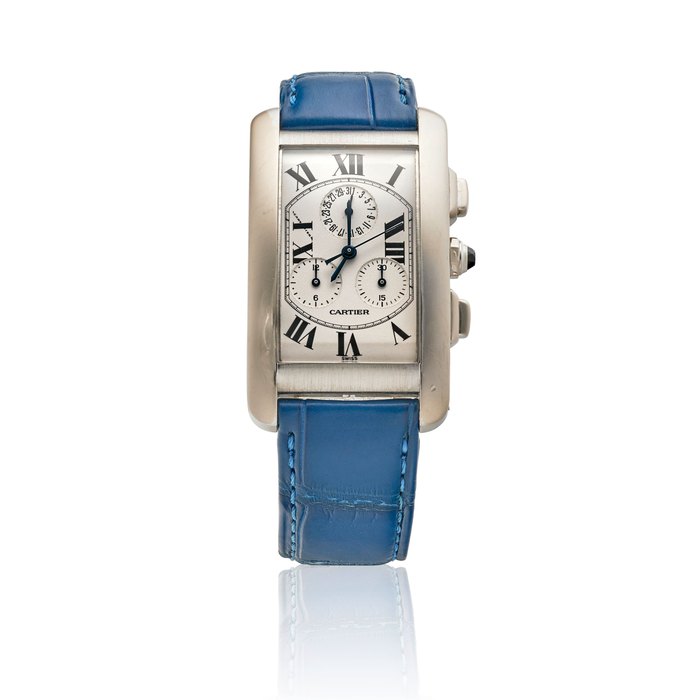 CARTIER. AN 18K WHITE GOLD CALENDAR CHRONOGRAPH WRISTWATCH Tank Americaine, Ref: 2312,