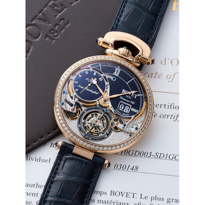 BOVET | FLEURIER GRANDES COMPLICATIONS - VIRTUOSO VIII - PIÈCE UNIQUE, REF.T10GD003, A RARE NEW OLD STOCK UNIQUE PIECE PINK GOLD AND DIAMOND-SET FLYING TOURBILLON WRISTWATCH WITH 10-DAY POWER RESERVE INDICATOR AND DATE, CIRCA 2020