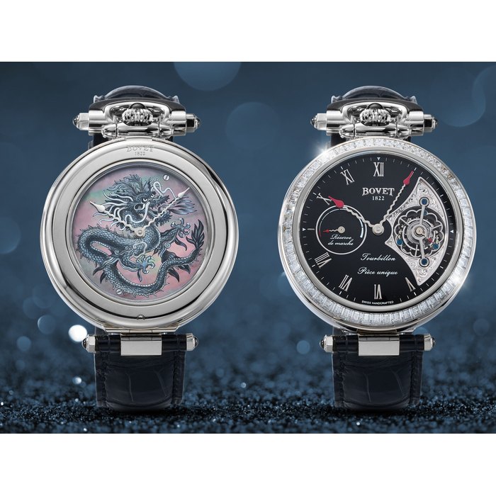 BOVET | AMADÉO FLEURIER 7-DAY TOURBILLON – PIÈCE UNIQUE, REF.AIT7520, AN UNIQUE AND SUPER RARE NEW OLD STOCK WHITE GOLD AND DIAMOND-SET TOURBILLON WRISTWATCH WITH 7-DAY POWER RESERVE INDICATOR AND DUAL DIAL WITH DRAGON MOTIF, CONVERTIBLE INTO POCKET WATCH AND DESK CLOCK, CIRCA 2019