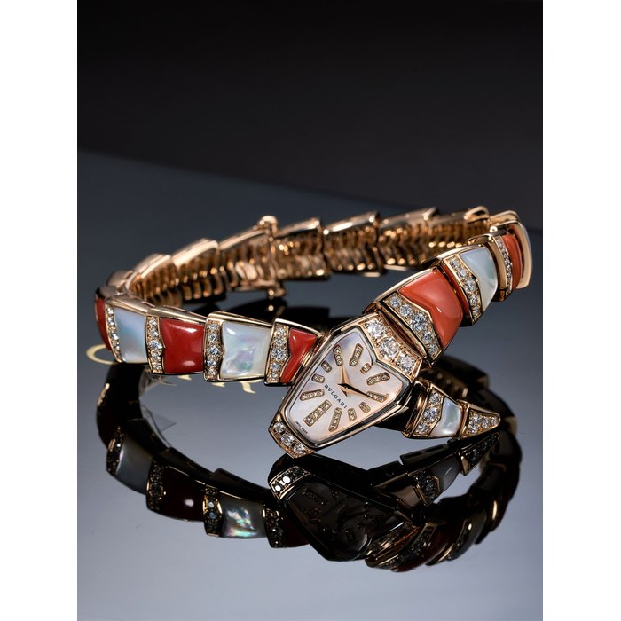 BVLGARI | SERPENTI, REF.102490, A NEW OLD STOCK PINK GOLD, MOTHER-OF-PEARL, CORAL AND DIAMOND-SET WRISTWATCH, CIRCA 2018