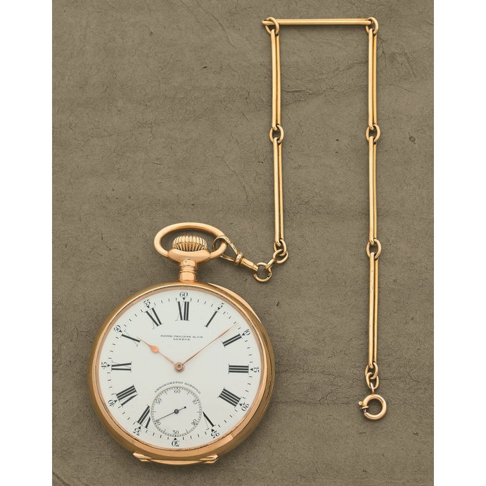 Patek Philippe. Grande et belle montre de gousset à cadran ouvert en or jaune 18K (750) remontoir au pendant, distribué par Gondolo & Labouriau, Rio de Janeiro Patek Philippe. A fine and large 18K gold keyless wind open face pocket watch Retailed by Gondolo & Labouriau, Rio-de-Janeiro Chronometro Gondolo, Circa 1905