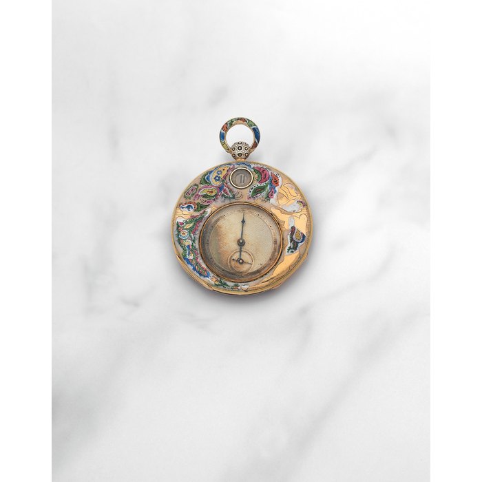 Jean-François Bautte & Cie, A Genève. Montre de gousset à cadran ouvert en métal doré et émail avec heure sautante remontoir à clef Jean-François Bautte & Cie, A Genève. An unusual continental gold and enamel key wind open face jump hour pocket watch Circa 1820