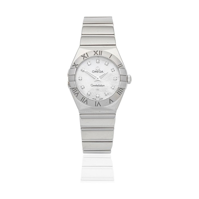 Omega. A lady's stainless steel diamond set quartz bracelet watch with mother of pearl dial Constellation, Ref: 12310246055002, Purchased 30th January 2015