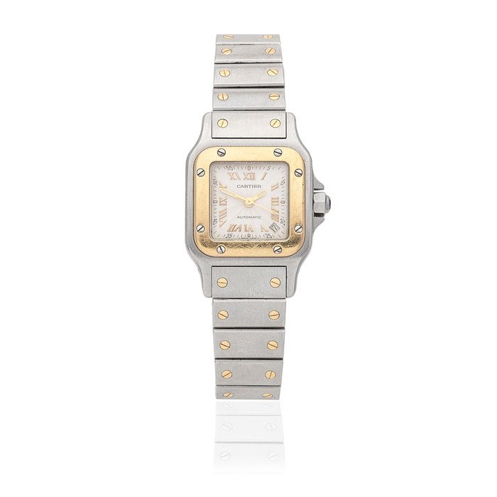 Cartier Cartier. A lady's stainless steel and gold automatic calendar bracelet watch Santos, Ref: 2423, Circa 2000