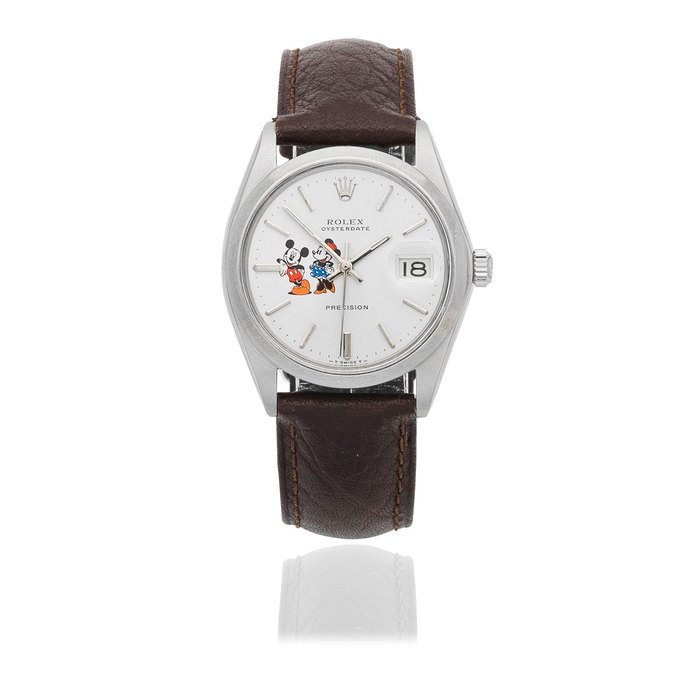 Rolex. A stainless steel manual wind calendar wristwatch with later customised dial featuring Mickey and Minnie Mouse Oysterdate Precision, Ref: 6694, Circa 1970