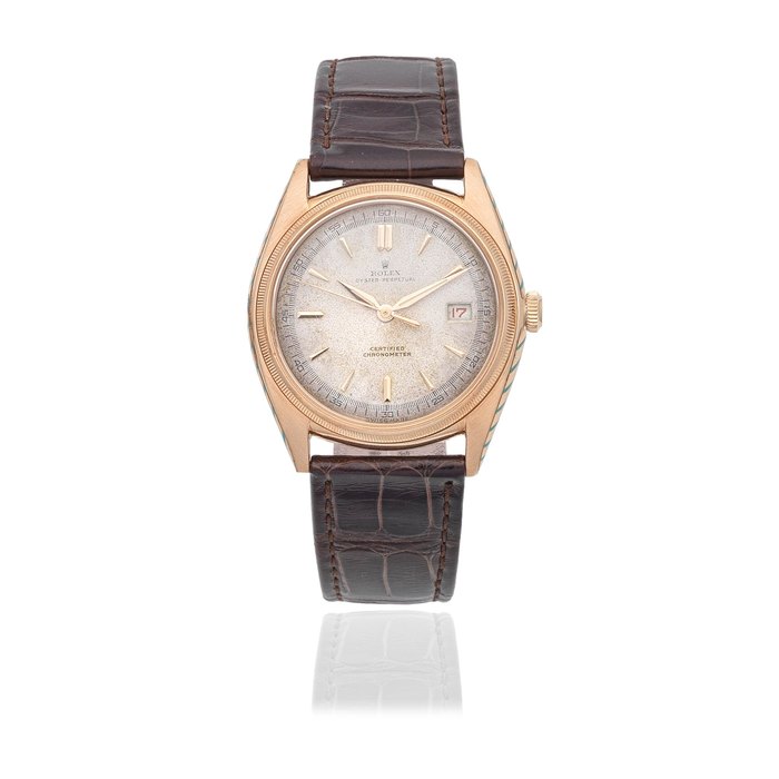 Rolex. An 18K gold automatic calendar bubble back wristwatch with roulette date wheel Oyster Perpetual 'Ovettone' Pre-Datejust, Ref: 4467, Circa 1950